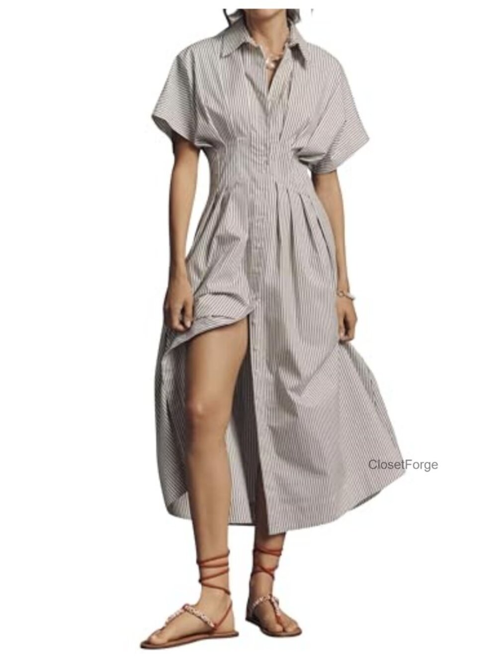 Striped Button Pleated Shirt Maxi Dress, Summer Casual V-Neck Long Dress